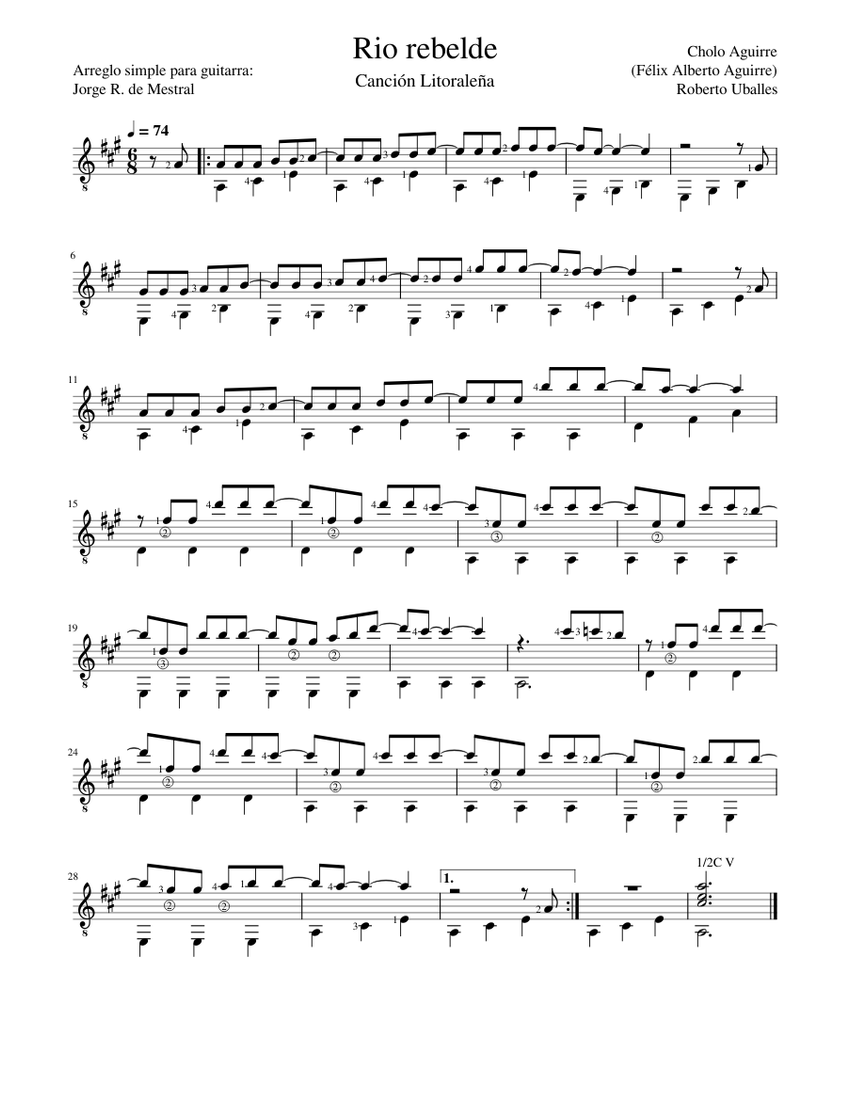 Rio rebelde Cholo Aguirre - Roberto Uballes Sheet Music for Guitar ...