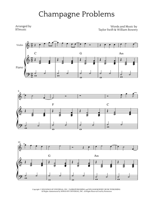 Champagne Problems (Arr. BTmusic) - Taylor Swift (Violin and Piano)