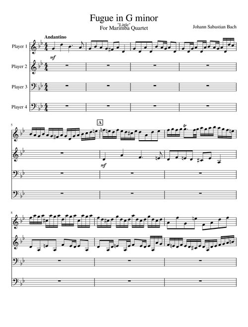 Fugue in G minor "Little" for Marimba Quartet