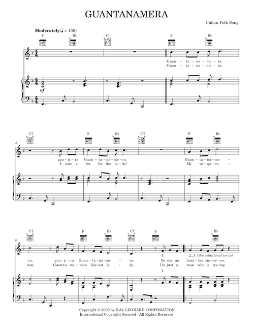 Guantanamera - Cuban Folksong (Piano-Vocal-Guitar)