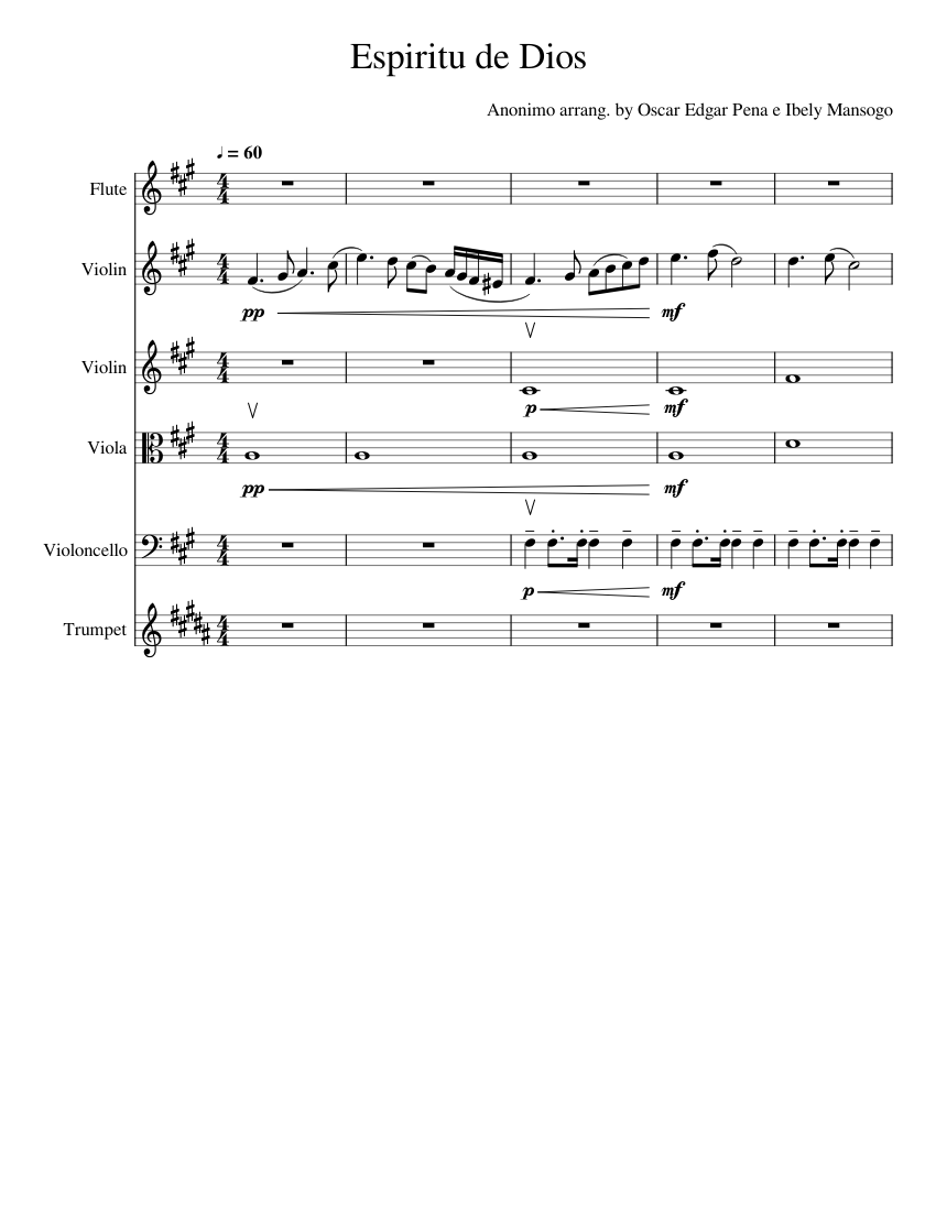 Espiritu de Dios Sheet Music for Flute, Violin, Viola, Cello & more ...
