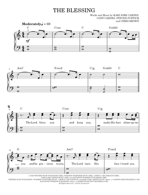 The Blessing - Kari Jobe, Cody Carnes & Elevation Worship (Easy Piano)