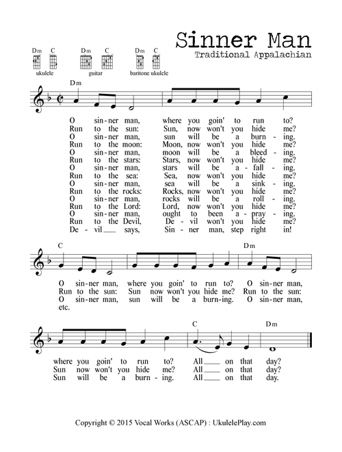 Sinner Man (Arr. M. Ryan Taylor) - Traditional (Ukulele Chords-Lyrics)
