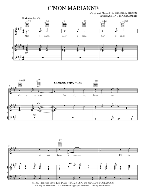C'mon Marianne - Frankie Valli, Frankie Valli & The Four Seasons, Jersey Boys Musical, The Four Seas (Piano-Vocal-Guitar)