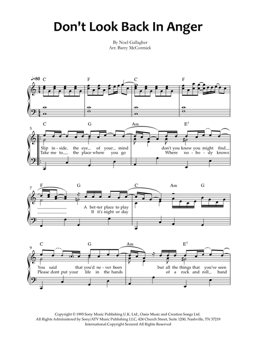 Dont Look Back In Anger (Arr. B. McCormick) - Oasis (Piano-Vocal-Guitar (Piano Accompaniment))