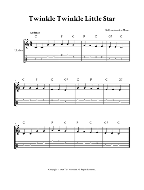 Twinkle Twinkle Little Star - For Ukulele (C Major - with TAB and Chords) (Arr. Yuri Noronha) - Wolfgang Amadeus Mozart (Ukulele)