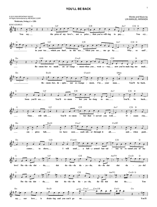 You'll Be Back (from Hamilton) - Lin-Manuel Miranda (Lead Sheet - Fake Book)