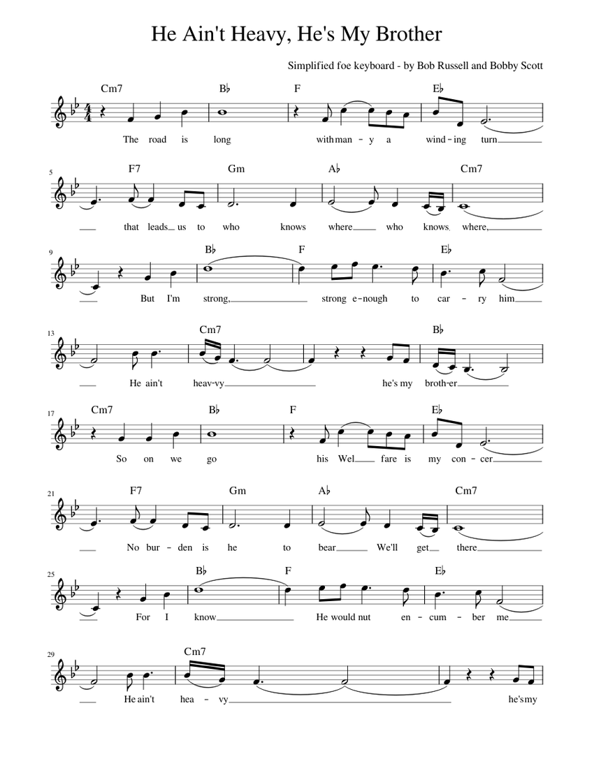 He Ain't Heavy He's My Brother Sheet Music with Chords for Piano (Solo ...