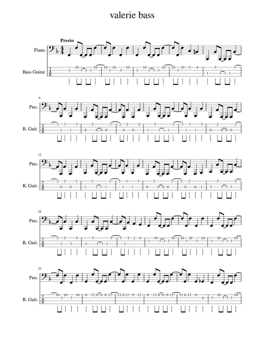 valerie hard bass Sheet music for Piano, Bass guitar (Mixed Duet
