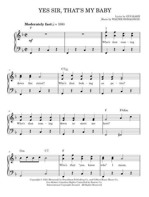 Yes, Sir, That's My Baby - Walter Donaldson (Easy Piano)