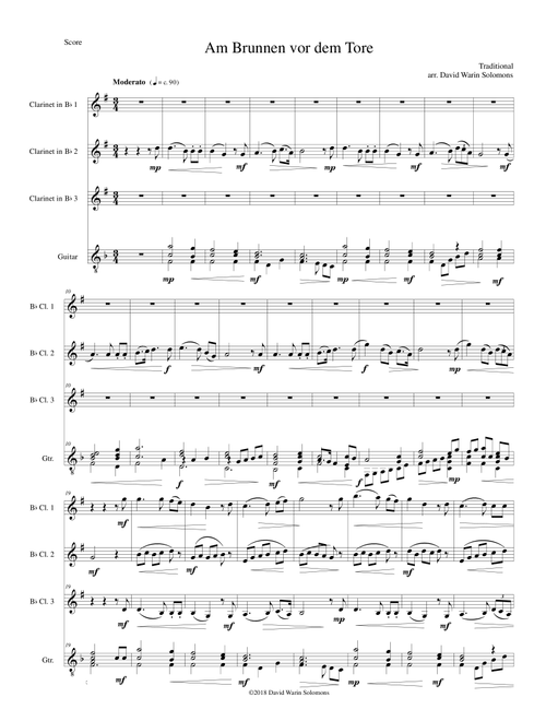Am Brunnen vor dem Tore (At the fountain before the gate) for 3 clarinets, guitar (Arr. David Warin Solomons) - Traditional (Instrumental Duet)