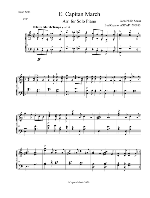 El Capitan March for Solo Piano (Arr. Bud Caputo) - John Philip Sousa (Piano Solo)