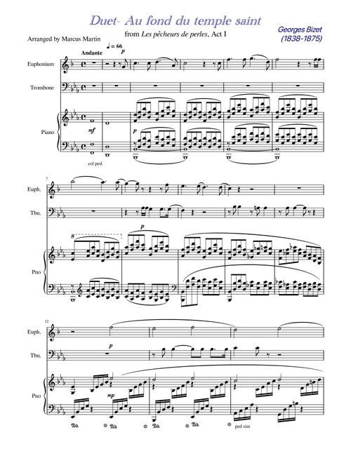 Au fond du temple saint (The Pearl Fishers) duet arr. for Euphonium (TC) , Trombone with Piano Acc. (Arr. Marcus Martin) - BIZET (Instrumental Duet and Piano)
