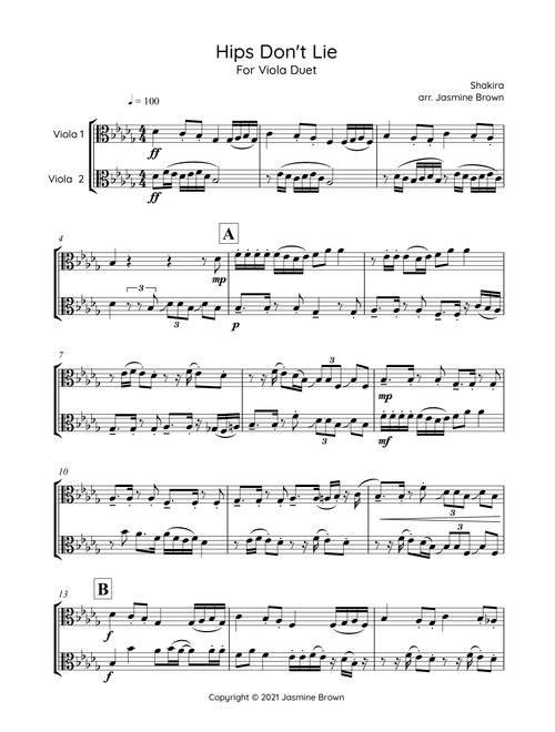 Hips Don't Lie (Arr. Jasmine Brown) - Shakira Featuring Wyclef Jean (Viola Duet)