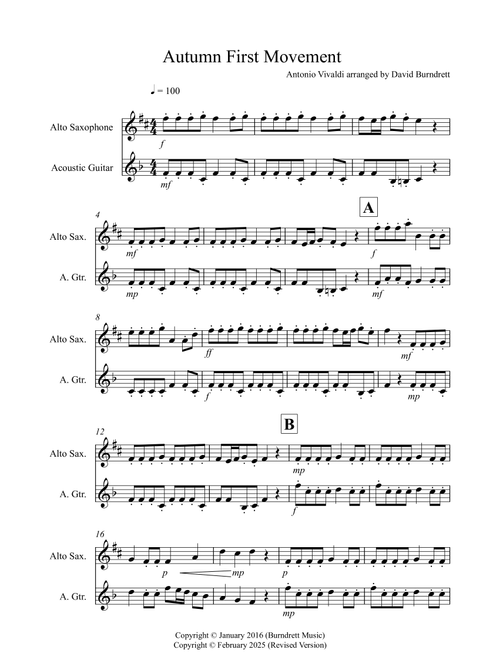 Autumn "Four Seasons" for Alto Saxophone and Guitar Duet (Arr. David Burndrett) - Antonio Vivaldi (Instrumental Duet)