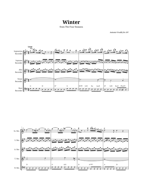Largo from Winter by Vivaldi for Recorder Quintet with Chords (Arr. Langanho) - Antonio Vivaldi (Recorder Ensemble)