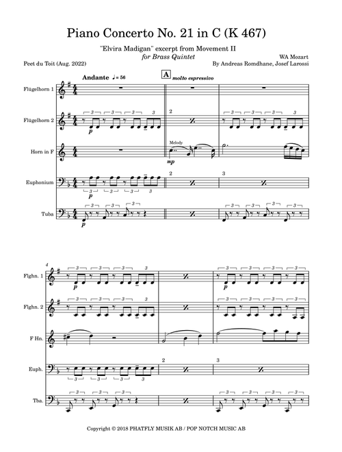 Mozart: Piano Concerto No. 21 - Andante (Arr. Peet du Toit) - Various Artists (Brass Ensemble)