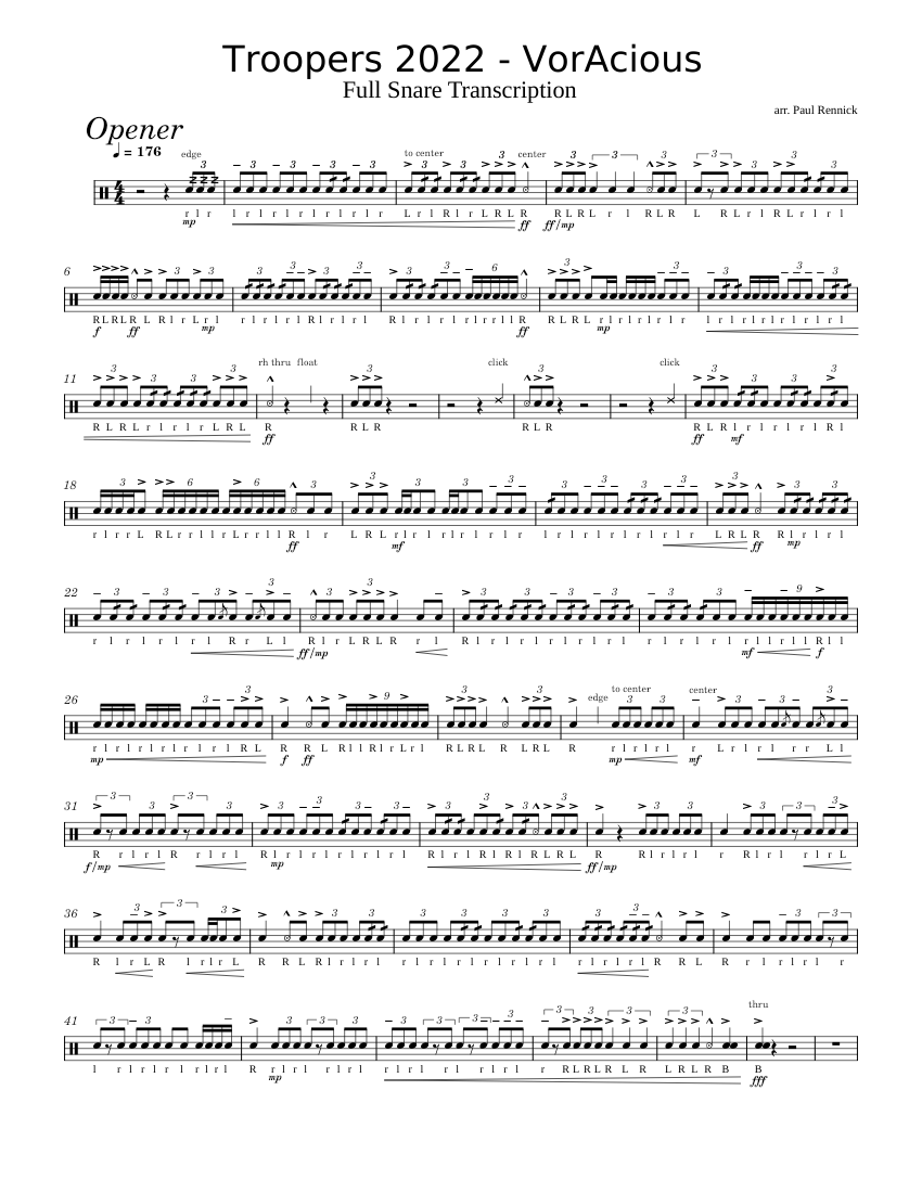 VorAcious Troopers Drum and Bugle Corps 2022 Full Snare Transcription