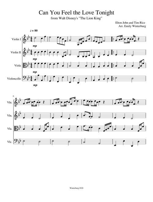 Can You Feel the Love Tonight for string quartet