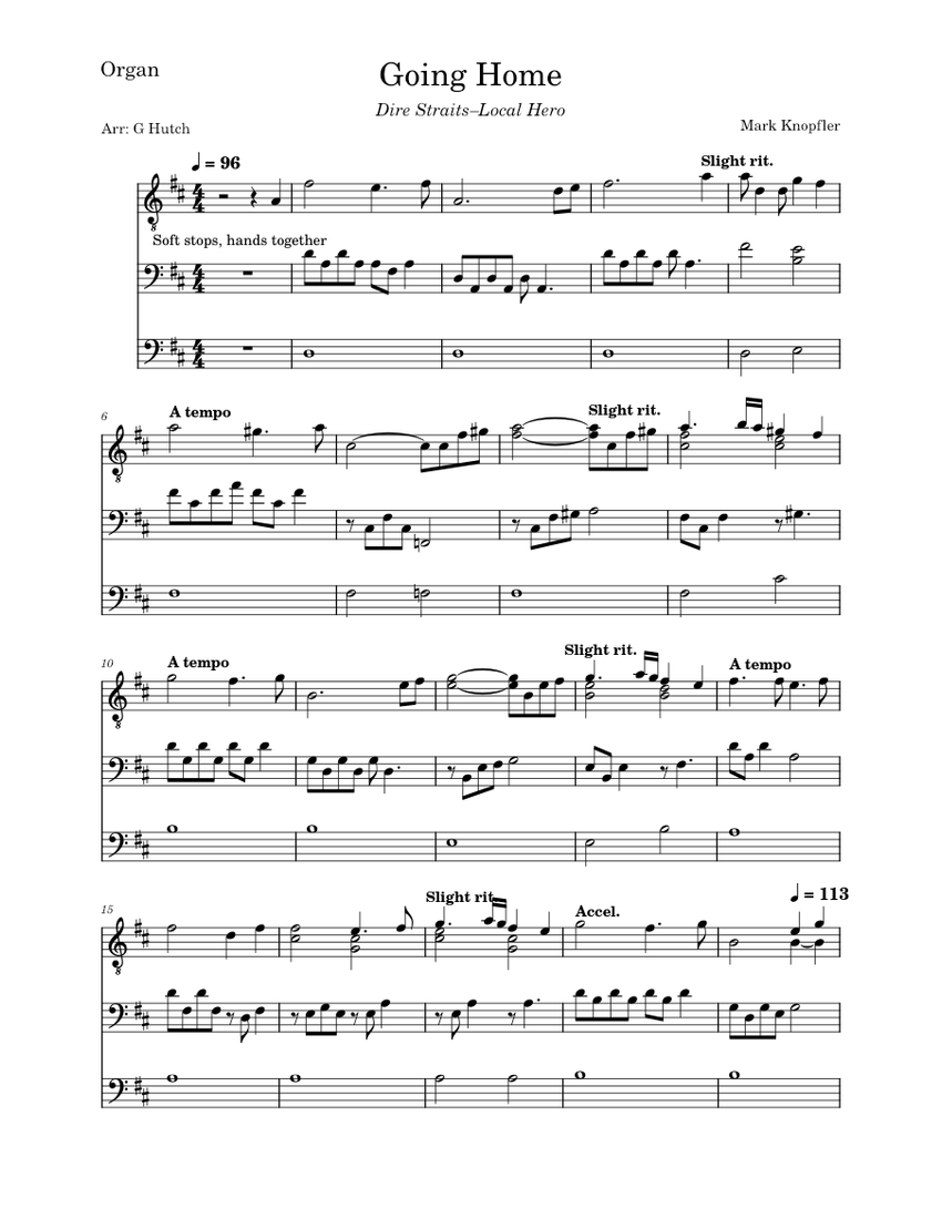 Going home – Mark Knopfler Sheet Music for Piano, Contrabass, Guitar ...