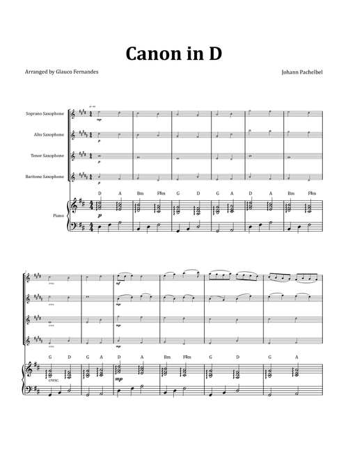 Canon by Pachelbel - Woodwind Quartet with Piano and Chord Notation (Arr. Glauco Fernandes) - Johann Pachelbel (Woodwind Ensemble)