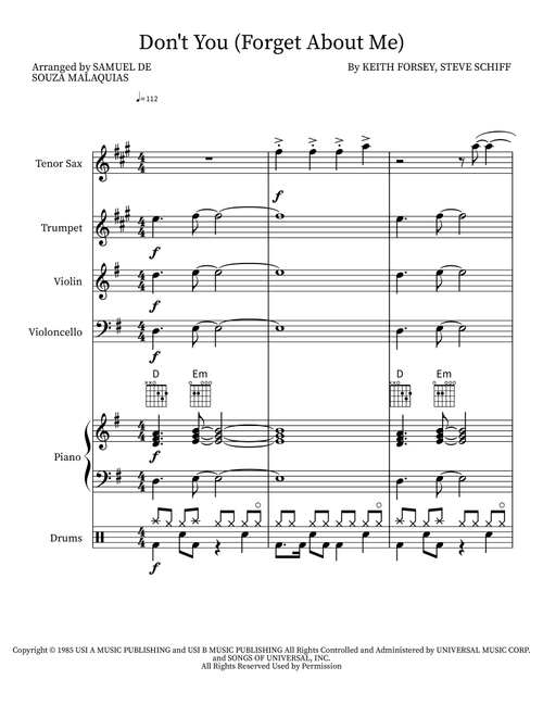 Don't You (Forget About Me) (Arr. SAMUEL DE SOUZA MALAQUIAS) - Hawk Nelson (Small Ensemble)