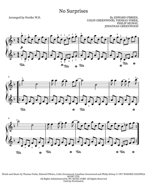 No Surprises (Arr. Noriko W.D.) - Radiohead (Easy Piano)