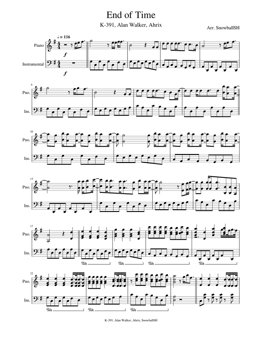 K-391, Alan Walker, Ahrix - End of Time Sheet Music for Piano