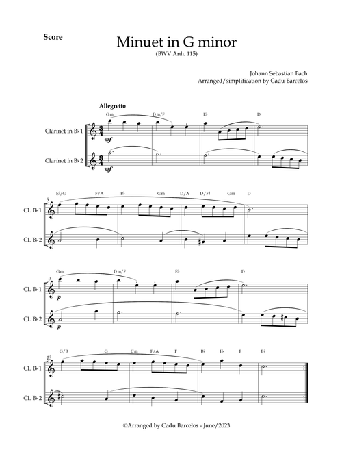Minuet in G minor BWV anh 115 (Bach) 2 Clarinets chords (Arr. Cadu Barcelos) - Johann Sebastian Bach (Clarinet Duet)