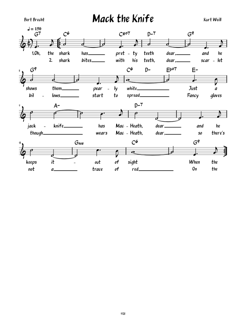 Mack the Knife Lead sheet with lyrics Sheet music for Piano Solo Easy Musescore