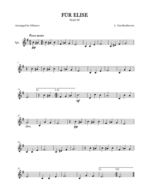 Fur Elise | WoO 59 | Beethoven | trumpet | easy | D minor (Arr. Milanov) (Trumpet Solo)
