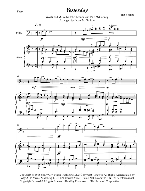 Yesterday (Arr. James M. Guthrie) - The Beatles (Cello and Piano)