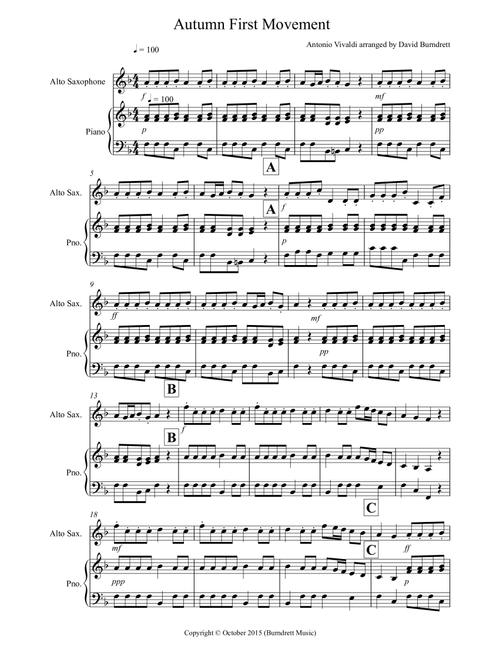 Autumn "Four Seasons" for Alto Saxophone and Piano (Arr. David Burndrett) - Antonio Vivaldi (Instrumental Duet)