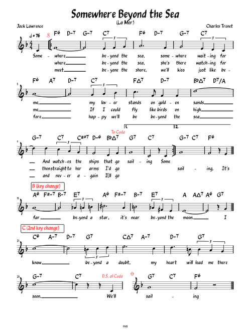Somewhere Beyond the Sea (Lead sheet with lyrics )