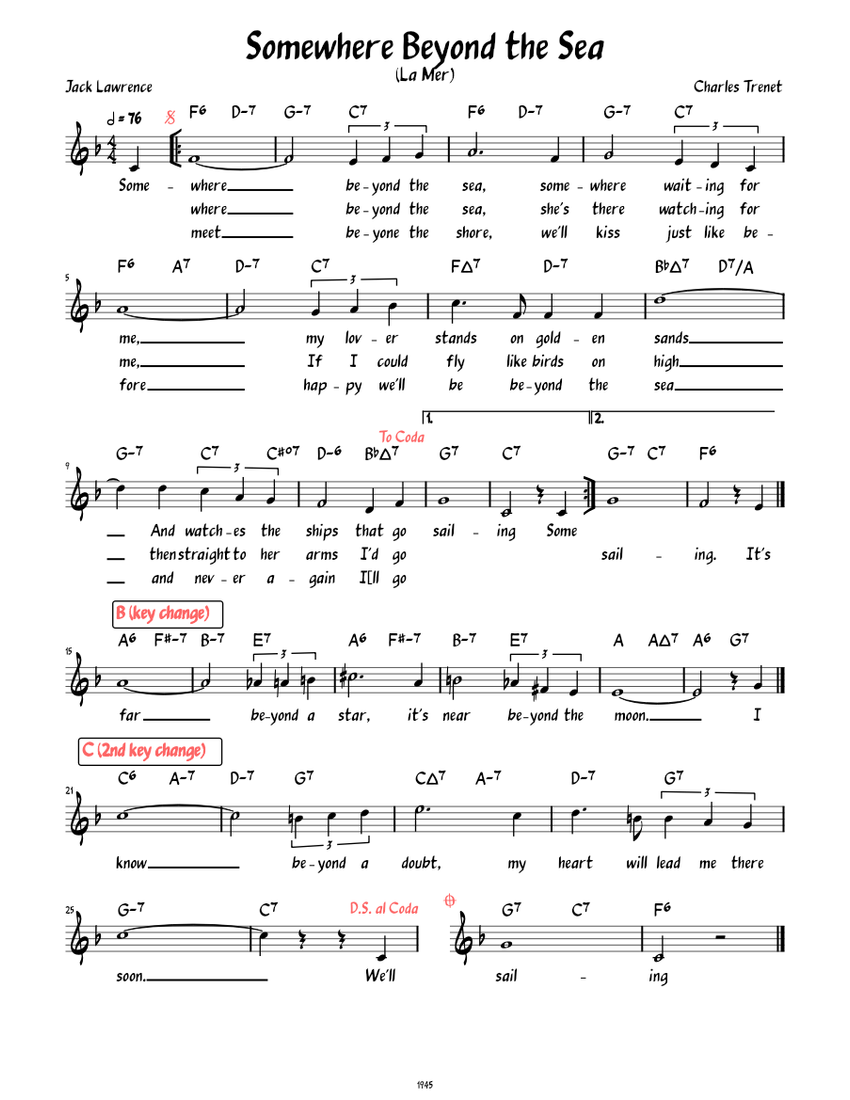 Somewhere Beyond the Sea (Lead sheet with lyrics ) Sheet music for