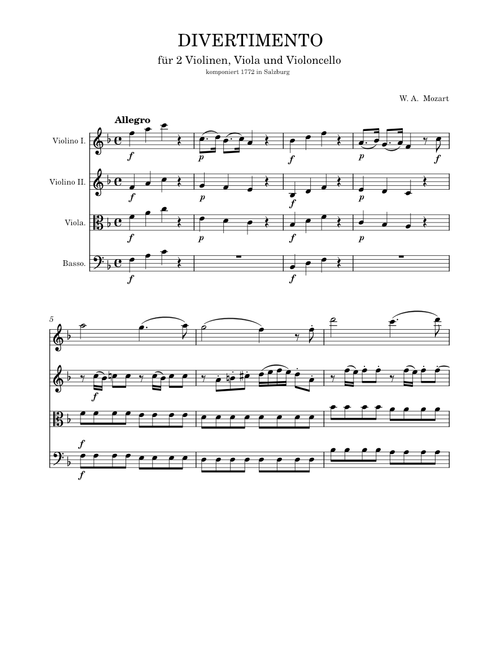 W. A. Mozart - Divertimento - F Major - KV138-1-Allegro