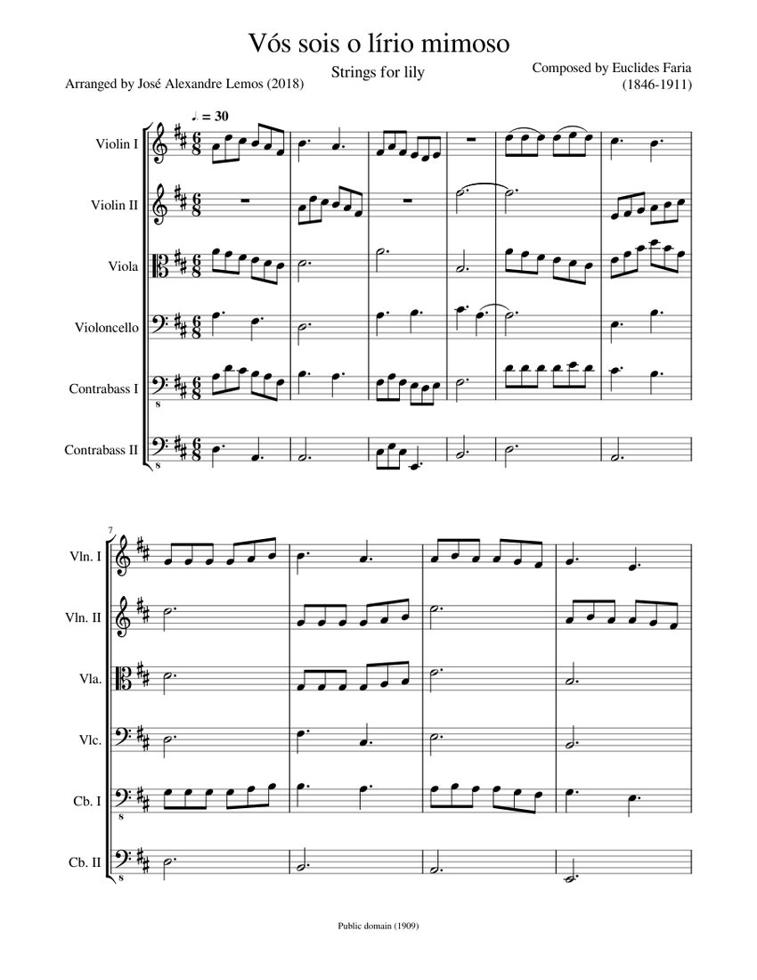 Vós sois o lírio mimoso Sheet Music for Contrabass, Violin, Viola ...