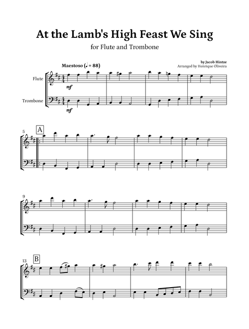 At the Lamb's High Feast We Sing (Flute and Trombone) - Easter Hymn (Arr. Henrique Oliveira) - Jacob Hintze (Instrumental Duet)
