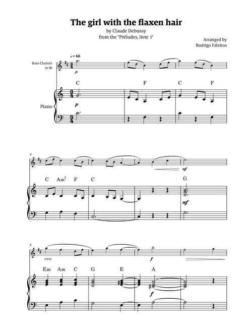 The Girl With The Flaxen Hair (bass clarinet with piano accompaniment and chords) (Arr. Rodrigo Faleiros) - Debussy, Claude Debussy (Clarinet and Piano)
