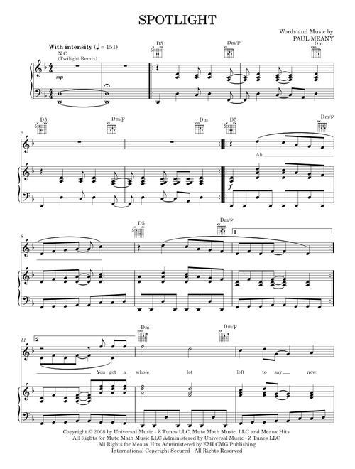 Spotlight (Twilight Remix) - Mute Math, Twilight Movie (Piano-Vocal-Guitar)