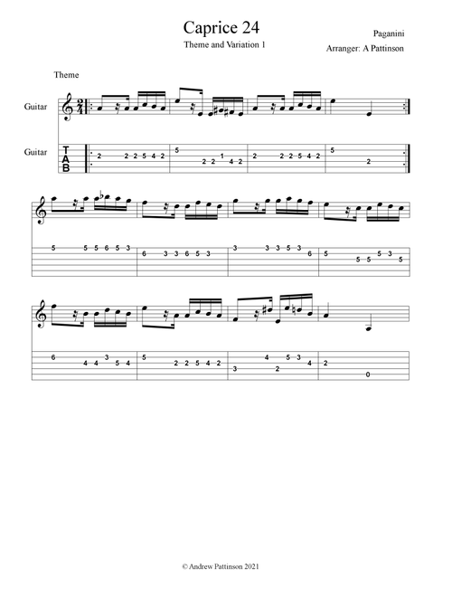 Paganini Caprice 24 Theme and Variation 1 for Guitar (Arr. Andrew Pattinson) (Guitar Tab)