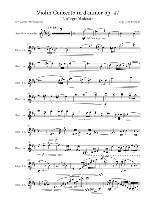 Concerto for Violin and Orchestra in D Minor, Op 47 – Jean Sibelius for Alto Saxophone