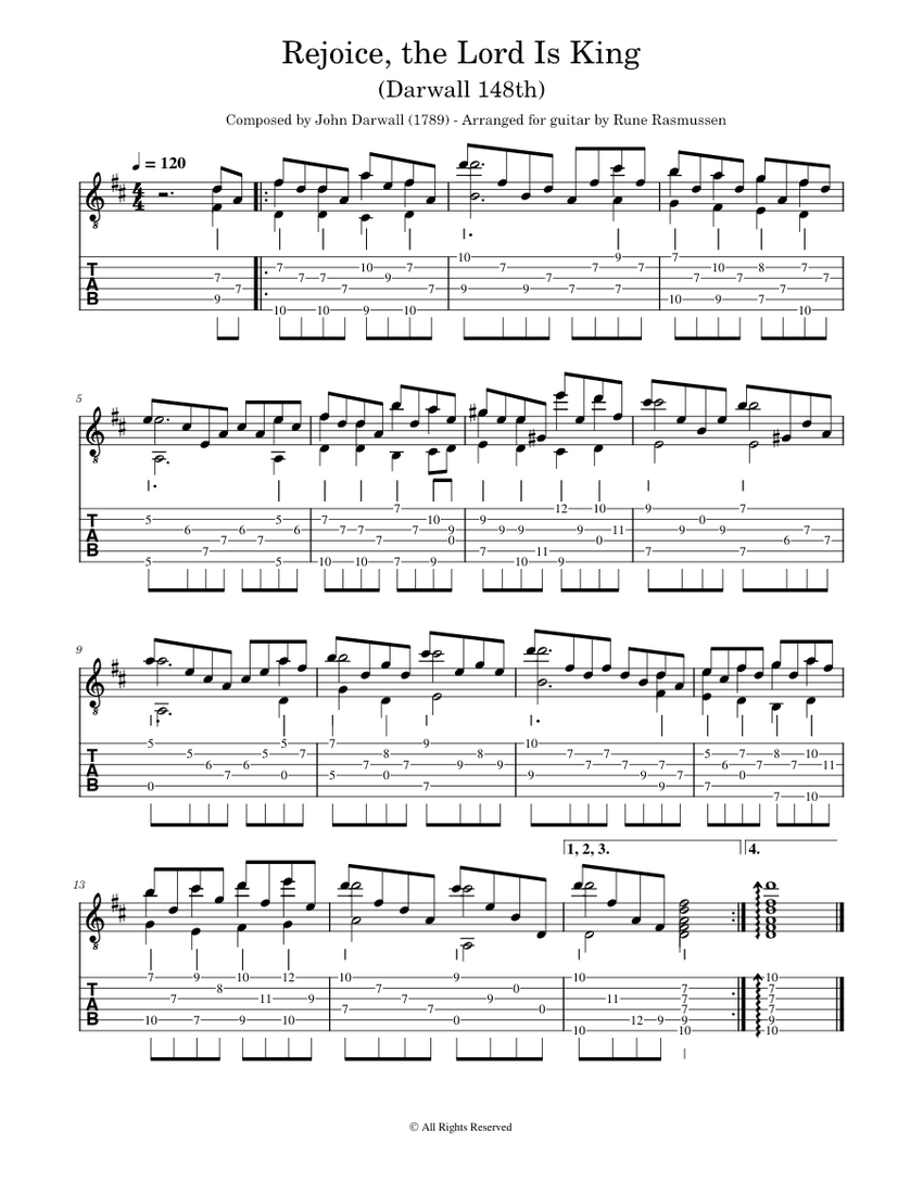 Rejoice the Lord is King (Darwall 148th) Sheet Music and Tab for Guitar ...