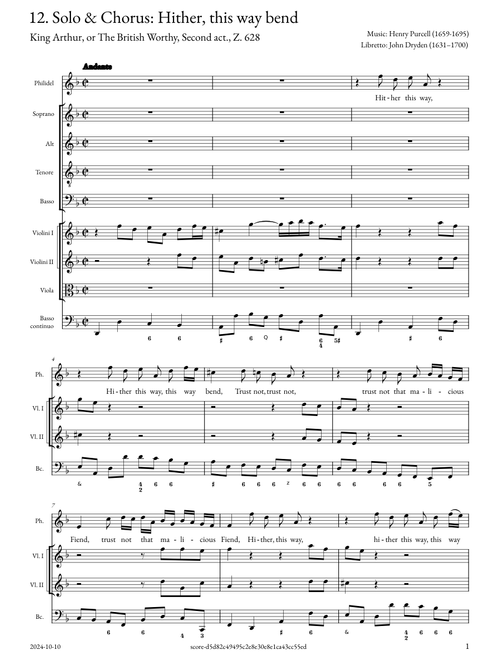 Purcell - Z. 628,12 - King Arthur - Hither, this way bend - S satb VIO 1,2 VLA BC