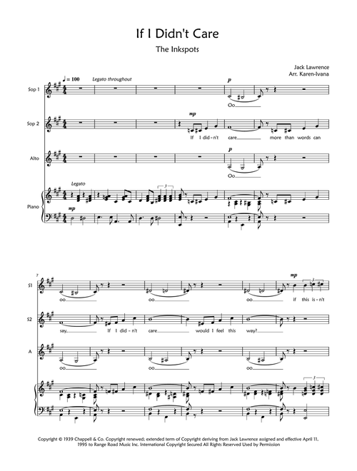 If I Didn't Care (Arr. Karen Ivana) - Jack Lawrence (Choral, SSA)