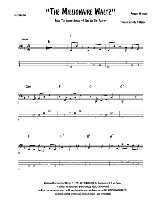 The Millionaire Waltz (Arr. P Welsh) - Queen (Bass Tab)