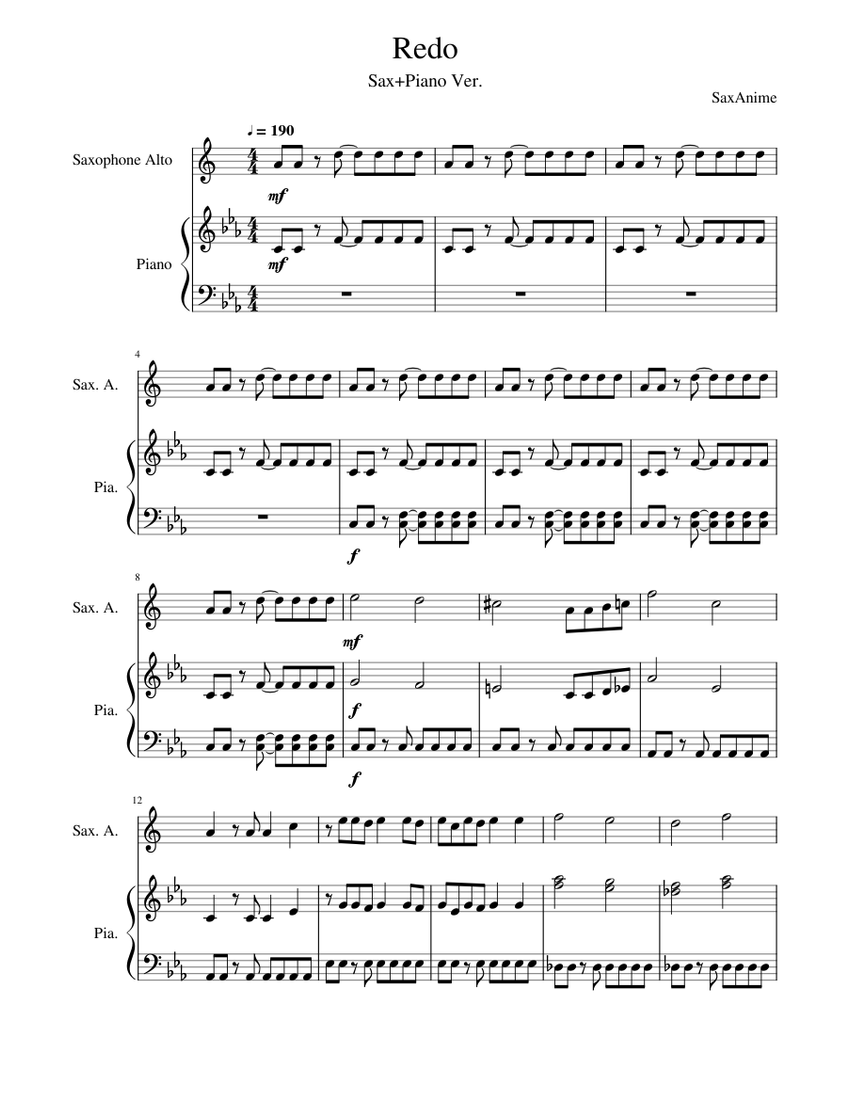 Redo Sax/Piano - Re:Zero OP1 Sheet Music for Piano, Saxophone alto ...