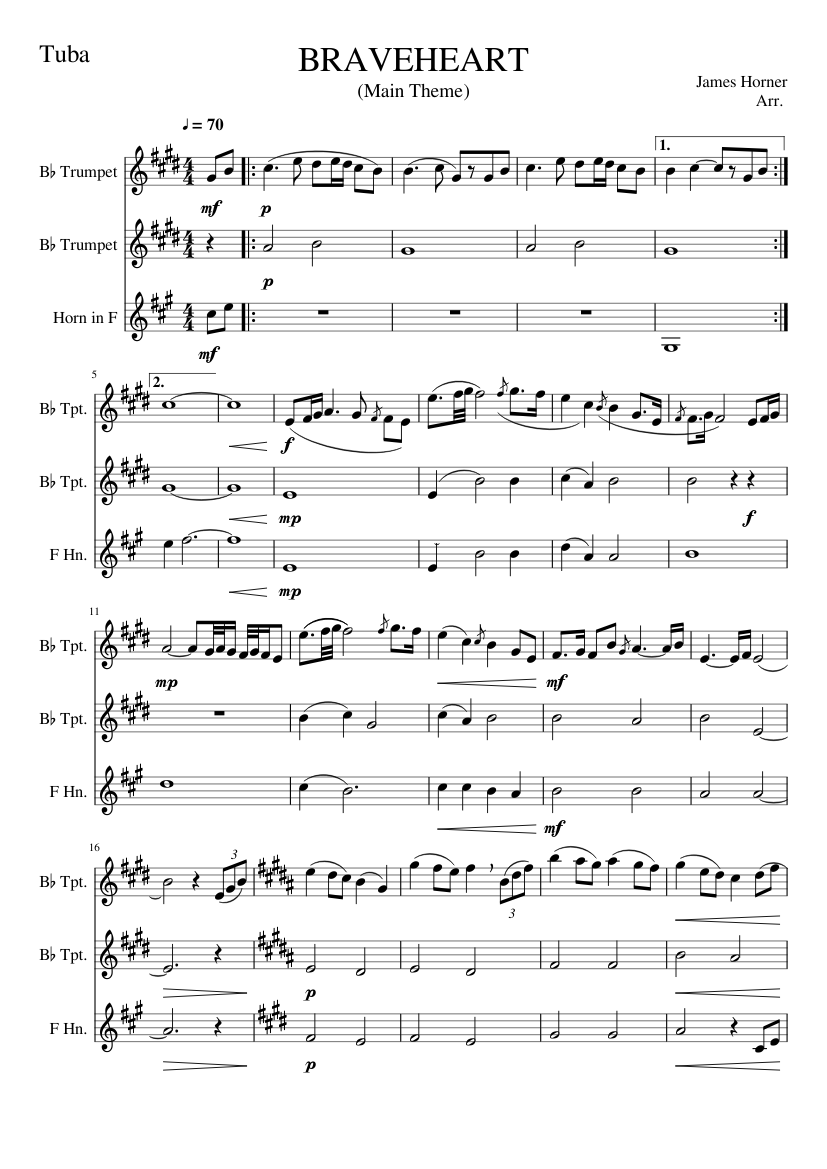Percepción Altitud Deformación BRAVEHEART Main Theme Brass trio Sheet music for Trumpet in b-flat, French  horn (Mixed Trio) | Musescore.com