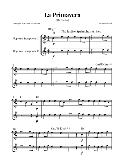 La Primavera (The Spring) by Vivaldi - Soprano Saxophone Duet with Chord Notations (Arr. Glauco Fernandes) - Antonio Vivaldi (Soprano Sax Duet)
