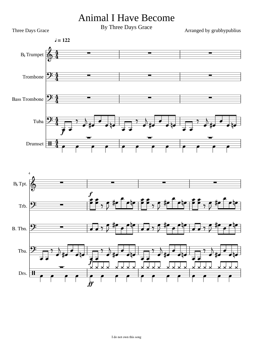Animal I Have Become Sheet music for Trombone, Tuba, Trombone bass, Drum group (Mixed Quartet) Animal I Have Become Sheet music for Trombone, Tuba, Trombone bass, Drum group (Mixed Quartet)